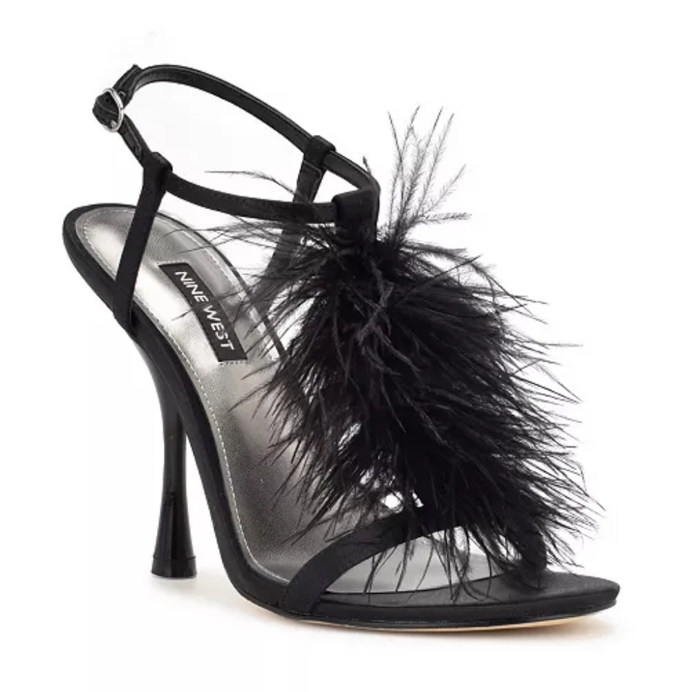 EUC sz9.5 Nine West Million ankle strap heeled dress sandals w/feathers
